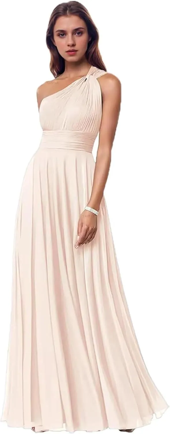 One Shoulder Bridesmaid Dresses with Pockets Chiffon Pleated Formal Evening Dress for Women Elegant
