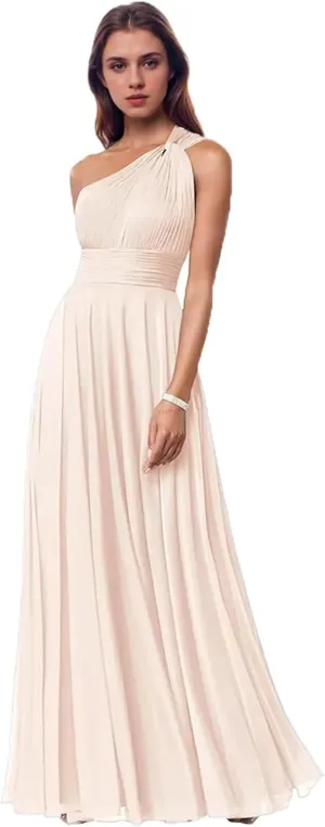 One Shoulder Bridesmaid Dresses with Pockets Chiffon Pleated Formal Evening Dress for Women Elegant