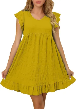 Oplxuo Women's Casual Summer Ruffle Cap Sleeve Babydoll Loose Mini Dress V-Neck Textured Loose Flowy Beach Sundresses