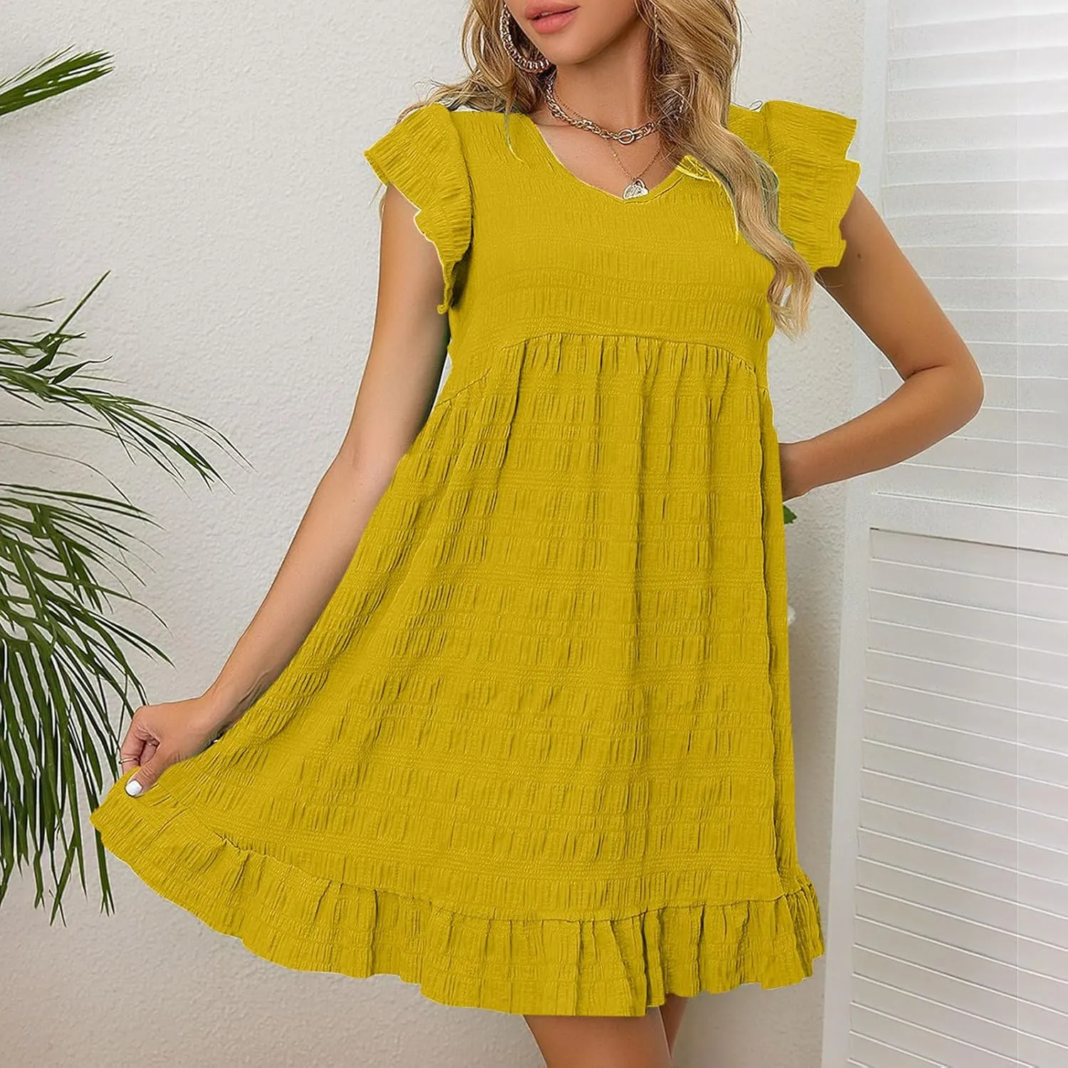 Oplxuo Women's Casual Summer Ruffle Cap Sleeve Babydoll Loose Mini Dress V-Neck Textured Loose Flowy Beach Sundresses