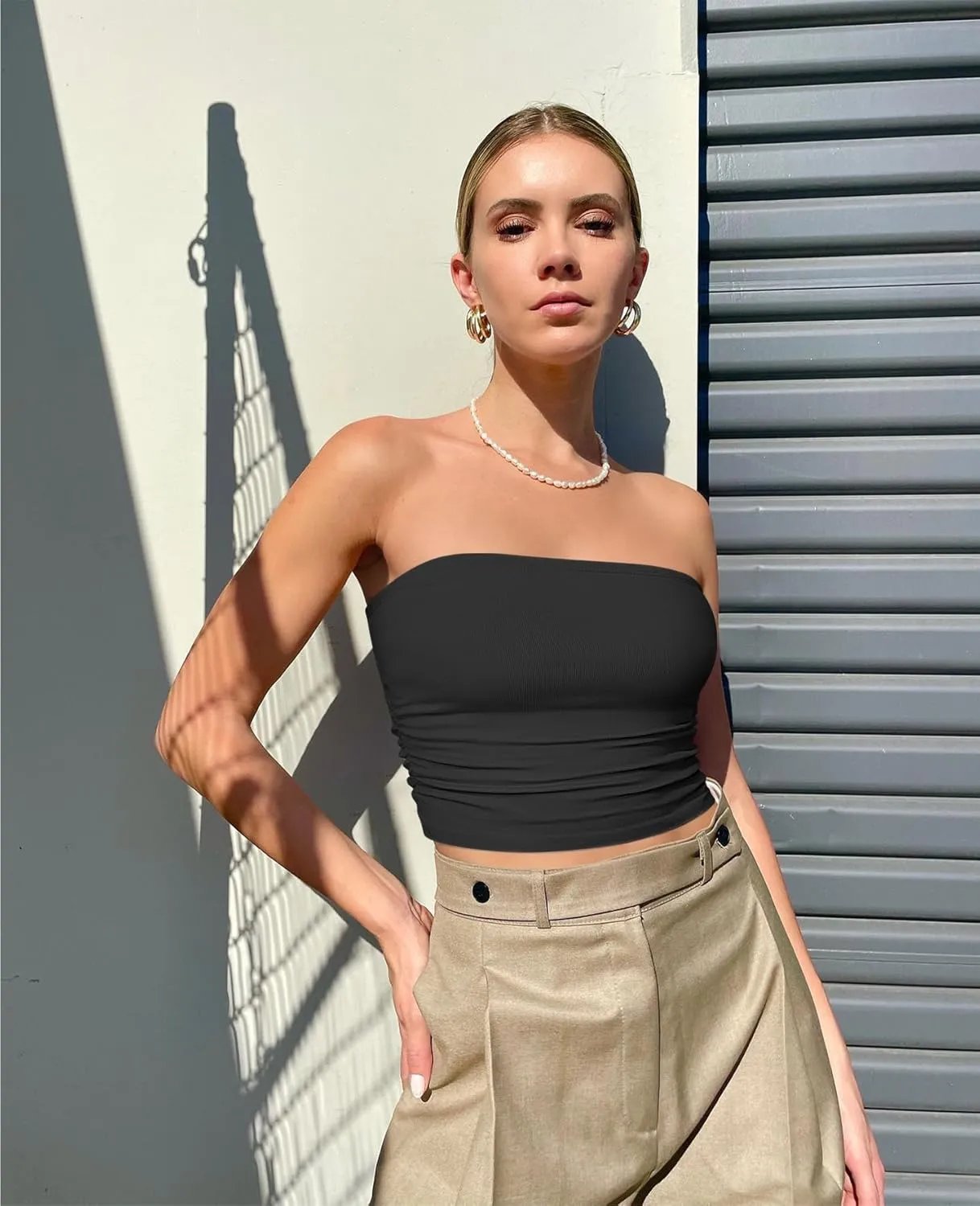 OQQ Womens 2 Piece Tube Tops Strapless Basic Sleeveless Stretch Classic-Fit Shirts Sexy Crop Tops