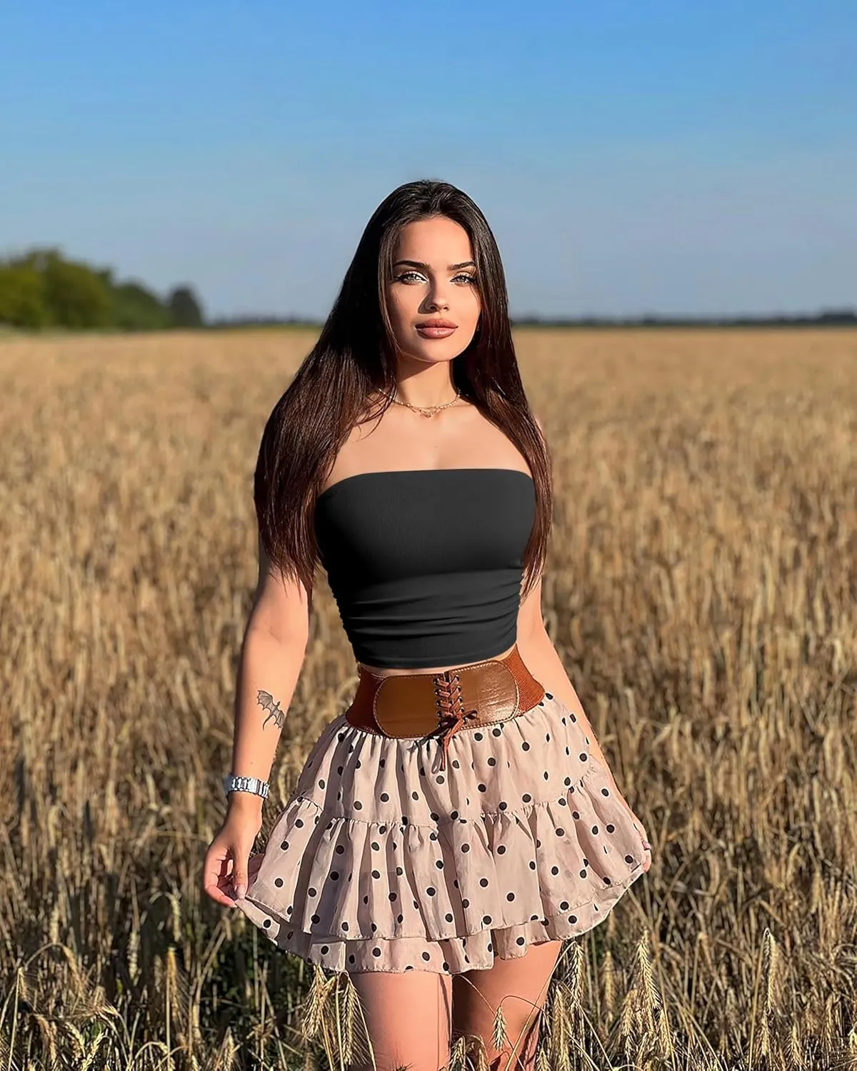 OQQ Womens 2 Piece Tube Tops Strapless Basic Sleeveless Stretch Classic-Fit Shirts Sexy Crop Tops