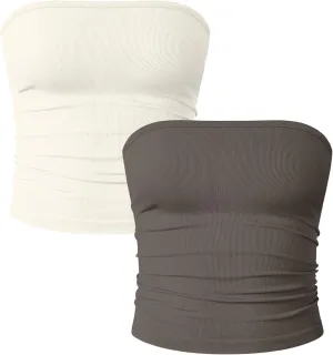OQQ Womens 2 Piece Tube Tops Strapless Basic Sleeveless Stretch Classic-Fit Shirts Sexy Crop Tops