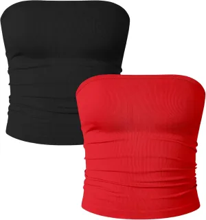 OQQ Womens 2 Piece Tube Tops Strapless Basic Sleeveless Stretch Classic-Fit Shirts Sexy Crop Tops