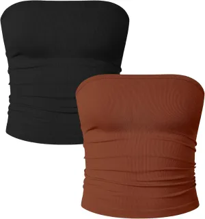 OQQ Womens 2 Piece Tube Tops Strapless Basic Sleeveless Stretch Classic-Fit Shirts Sexy Crop Tops