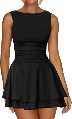oten Women's Sleeveless Ruched Waist Tiered Flowy Ruffle Hem Mini Party Club Short Dresses
