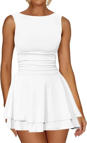oten Women's Sleeveless Ruched Waist Tiered Flowy Ruffle Hem Mini Party Club Short Dresses