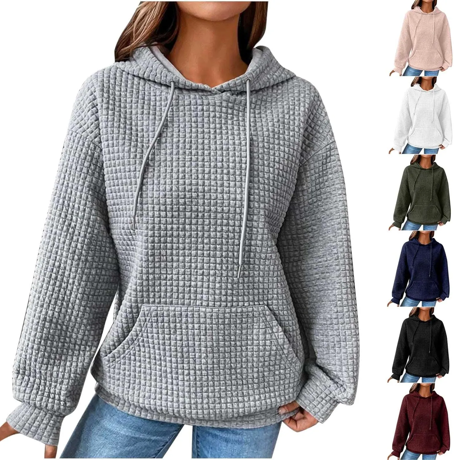 Oversized Hoodie for Women Plus Size Long Sleeve Waffle Sweatshirt Casual Loose Pullover Trendy Tops with Pocket