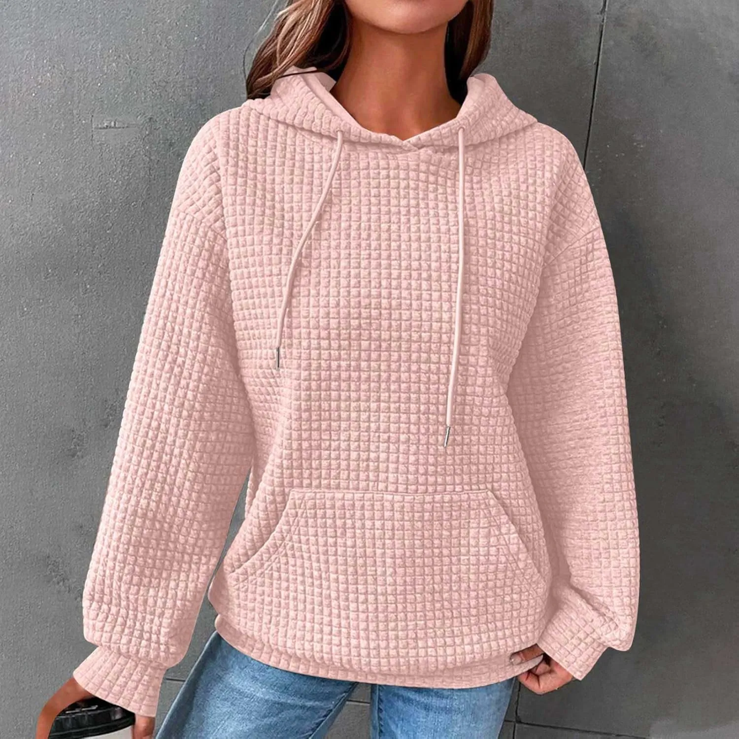 Oversized Hoodie for Women Plus Size Long Sleeve Waffle Sweatshirt Casual Loose Pullover Trendy Tops with Pocket