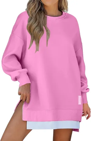 Oversized Sweatshirt for Women Long Sleeve Crewneck Casual Pullover Shirts Trendy 2024 Side Slit Solid Color Outwears