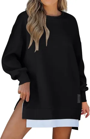 Oversized Sweatshirt for Women Long Sleeve Crewneck Casual Pullover Shirts Trendy 2024 Side Slit Solid Color Outwears