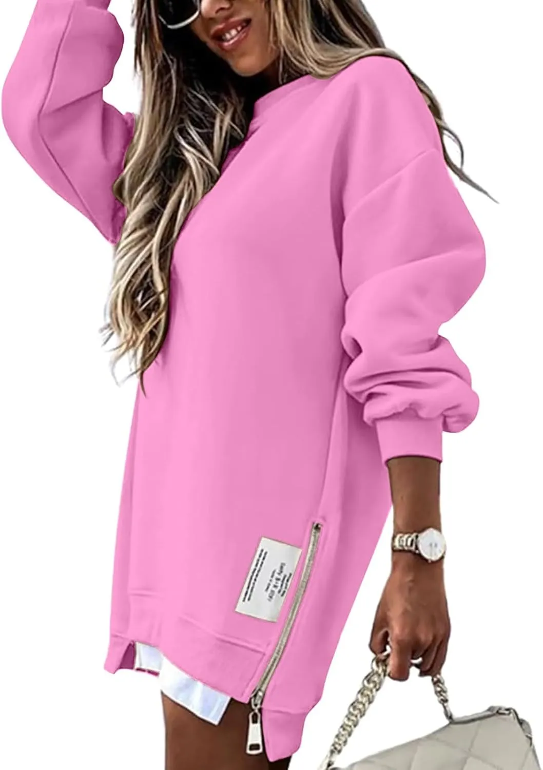 Oversized Sweatshirt for Women Long Sleeve Crewneck Casual Pullover Shirts Trendy 2024 Side Slit Solid Color Outwears