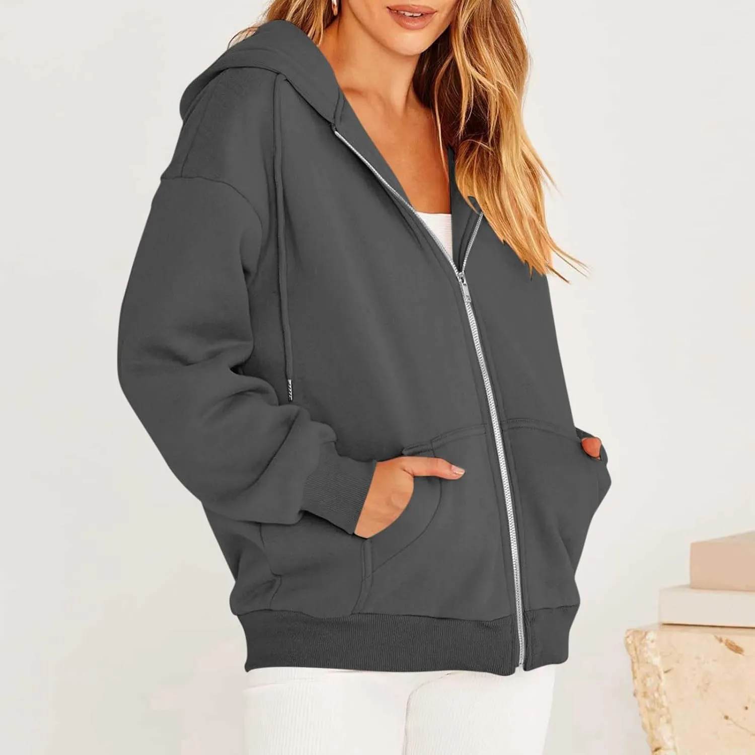 Oversized Sweatshirt for Women,Womens Casual Zip Up Hoodie Trendy Y2k Long Sleeve Jacket with Poickets