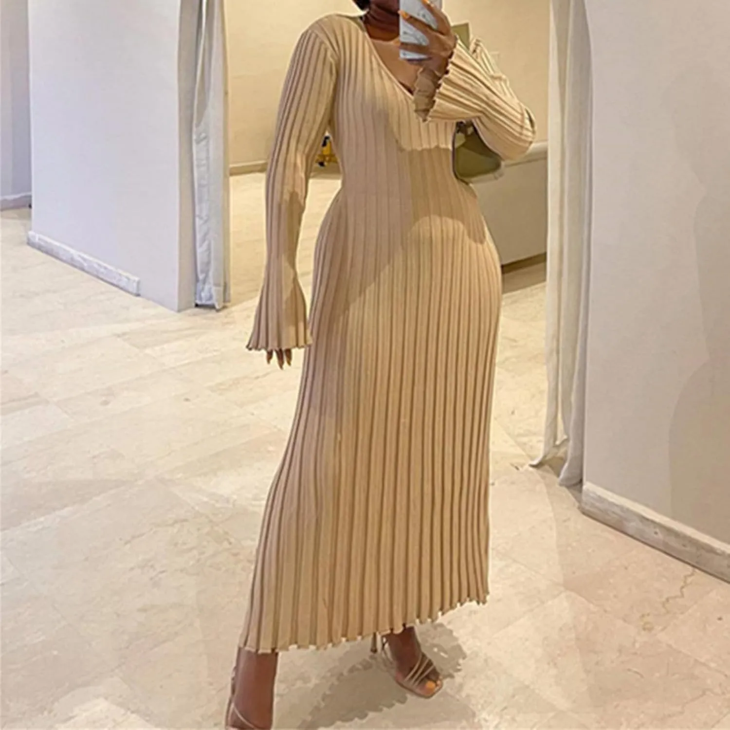 Plus Size Knit Dresses for Curvy Women Fall Maxi Sweater Dress Long Sleeve Warm Sexy V Neck Ribbed Dresses