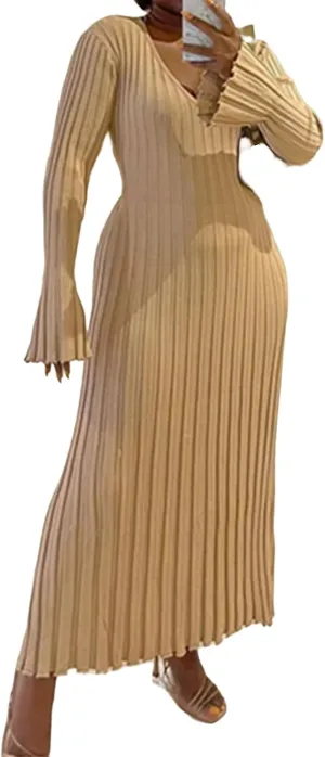 Plus Size Knit Dresses for Curvy Women Fall Maxi Sweater Dress Long Sleeve Warm Sexy V Neck Ribbed Dresses
