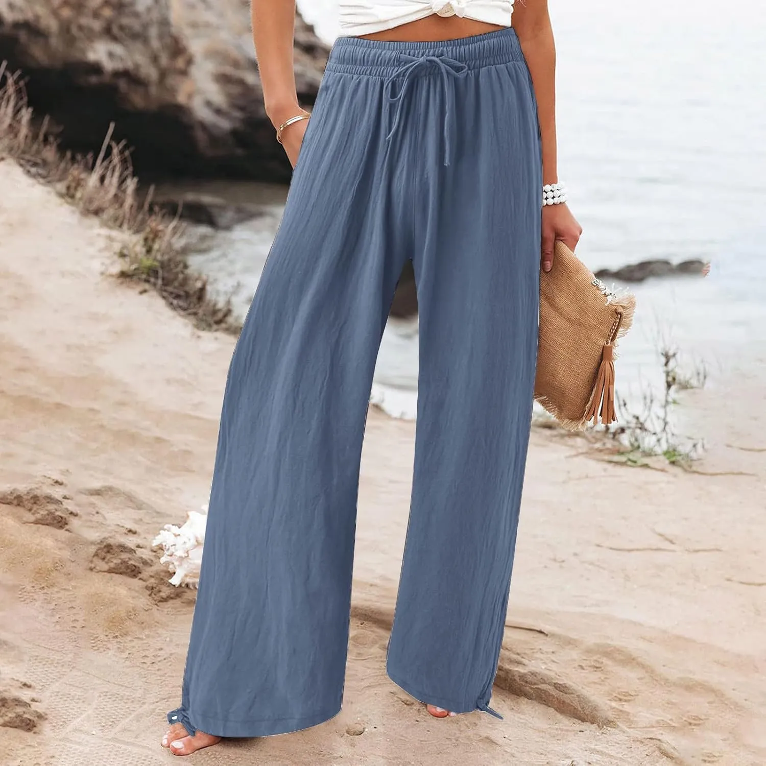 Plus Size Solid Relaxed Crinkle Pants Wide Leg Casual Summer High Waist Trousers Fashion Work Office Cropped Pant