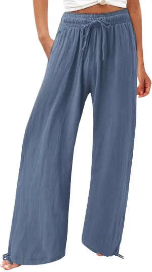 Plus Size Solid Relaxed Crinkle Pants Wide Leg Casual Summer High Waist Trousers Fashion Work Office Cropped Pant