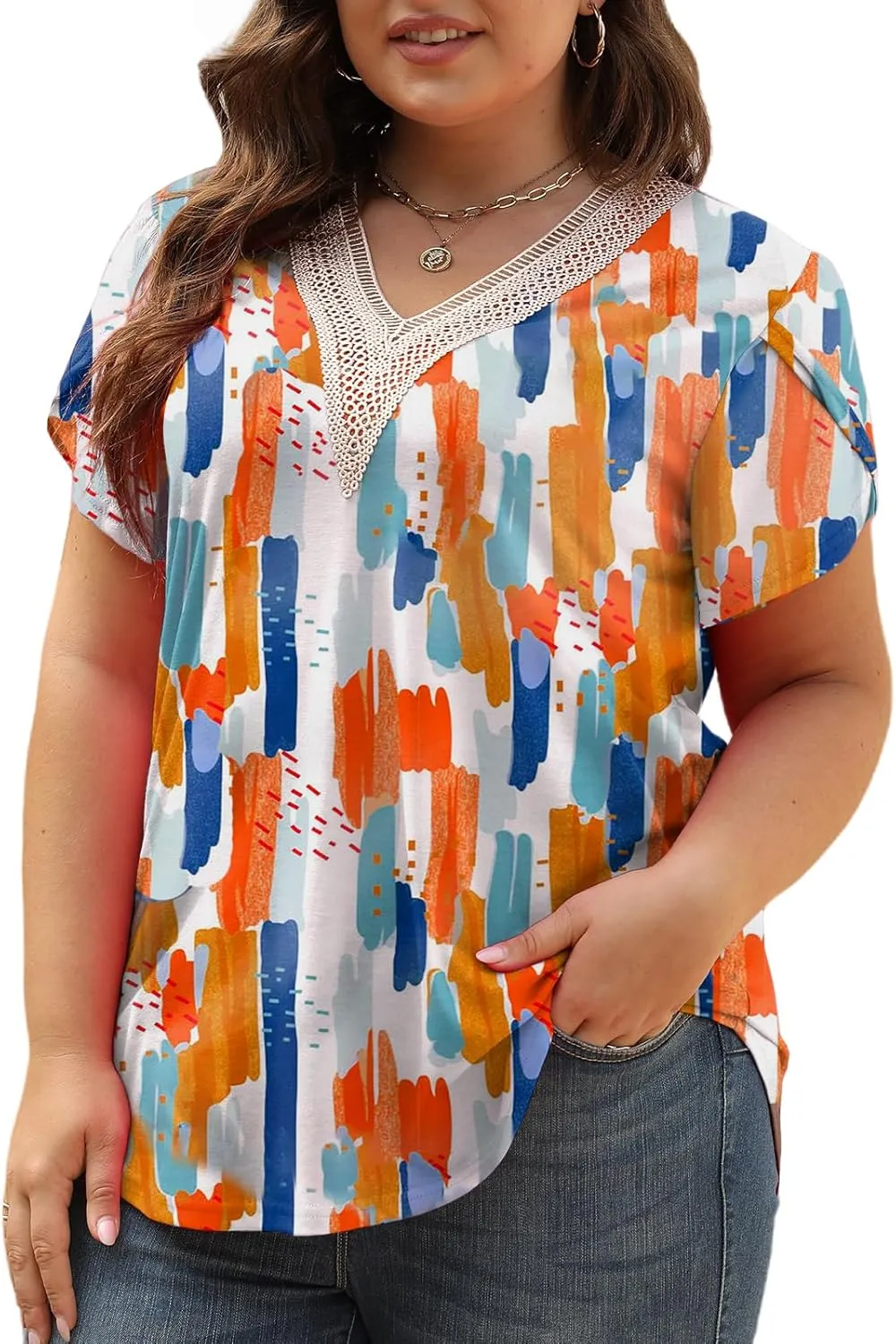 Plus-Size-Womens-Summer-Tops 2024 Lace Trim V Neck T Shirts Petal Short Sleeve Tunics Trendy Going Out Blouses XL-5XL
