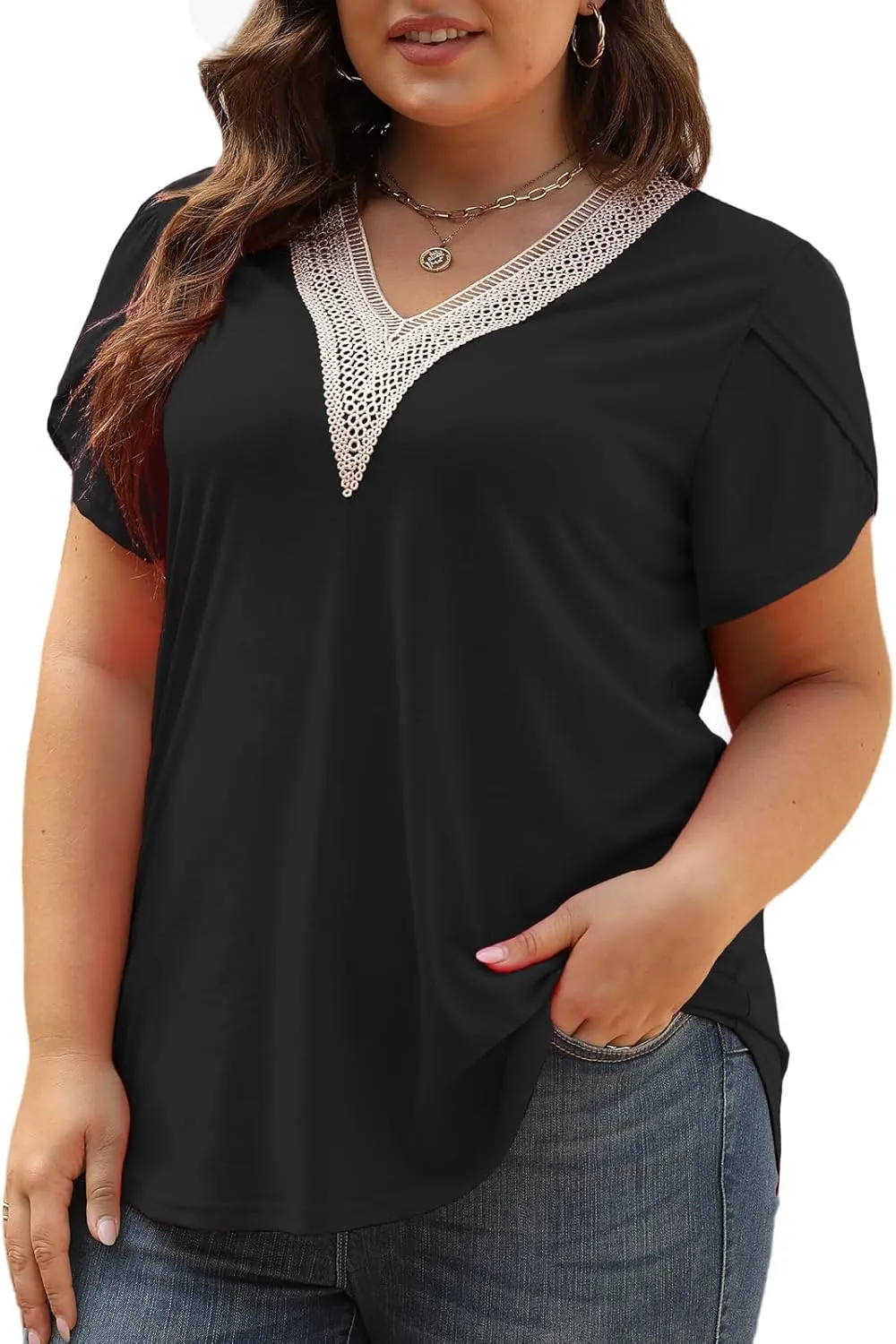 Plus-Size-Womens-Summer-Tops 2024 Lace Trim V Neck T Shirts Petal Short Sleeve Tunics Trendy Going Out Blouses XL-5XL