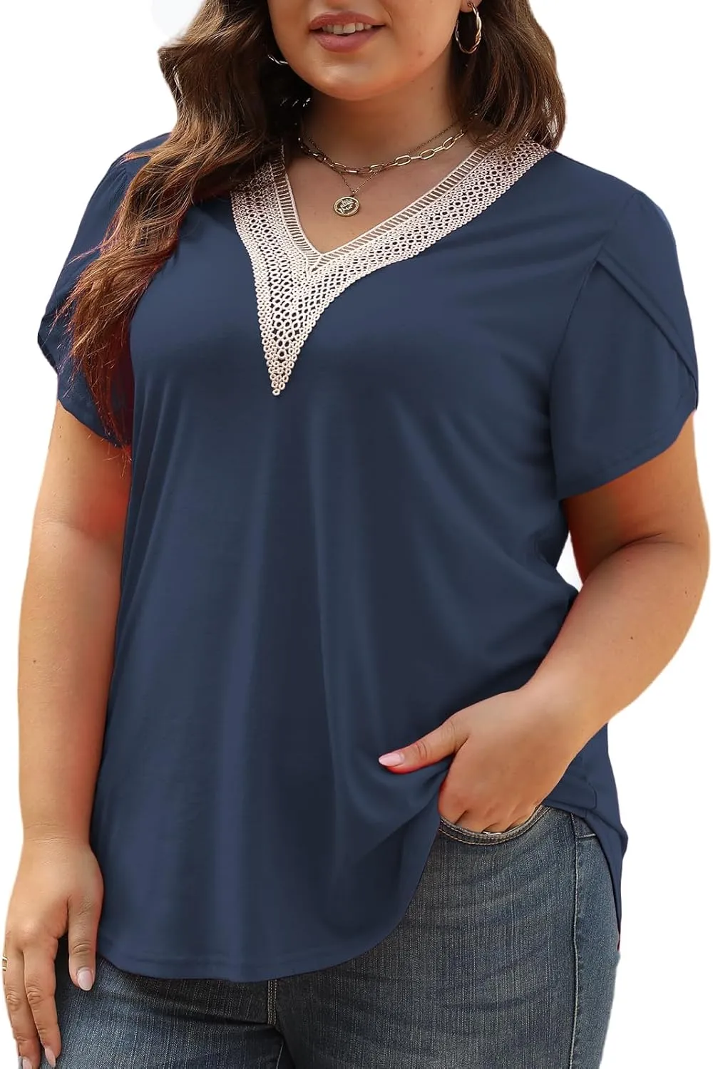 Plus-Size-Womens-Summer-Tops 2024 Lace Trim V Neck T Shirts Petal Short Sleeve Tunics Trendy Going Out Blouses XL-5XL