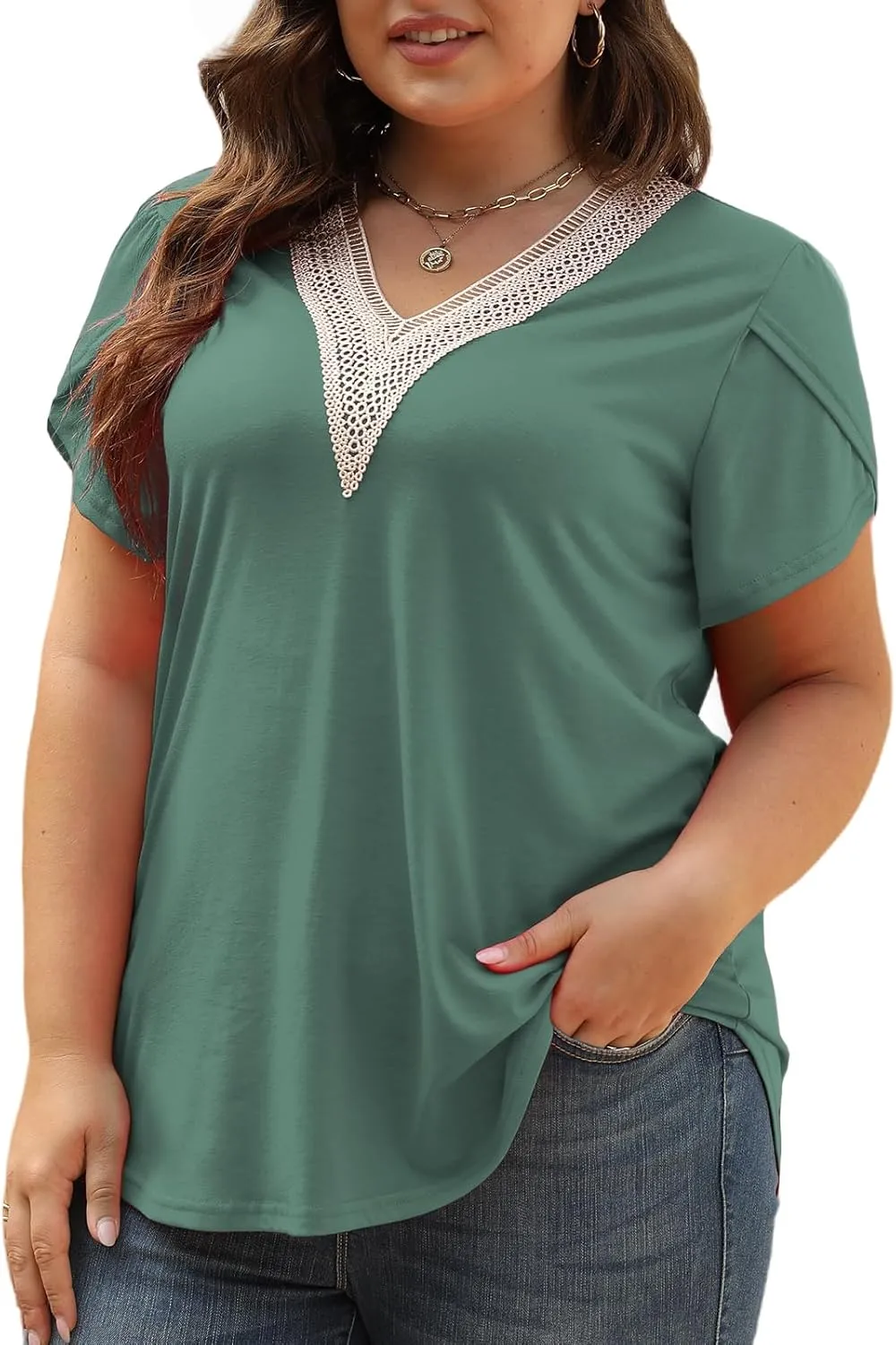 Plus-Size-Womens-Summer-Tops 2024 Lace Trim V Neck T Shirts Petal Short Sleeve Tunics Trendy Going Out Blouses XL-5XL
