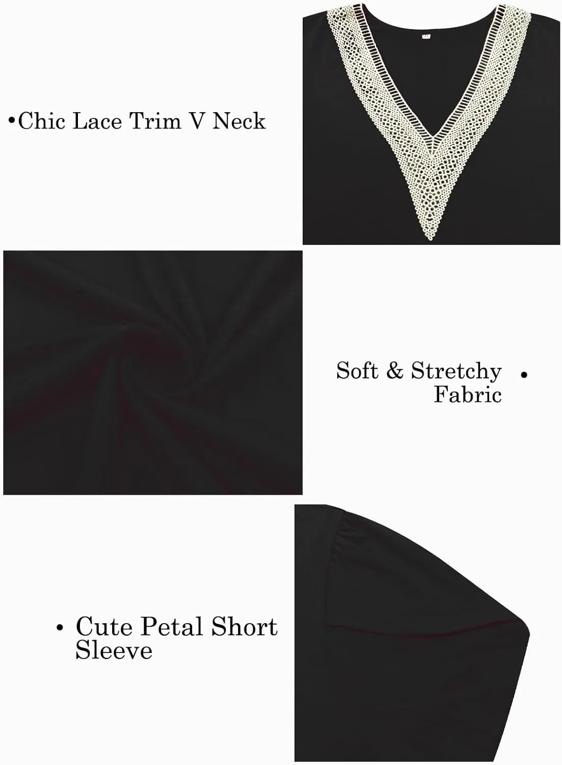 Plus-Size-Womens-Summer-Tops 2024 Lace Trim V Neck T Shirts Petal Short Sleeve Tunics Trendy Going Out Blouses XL-5XL