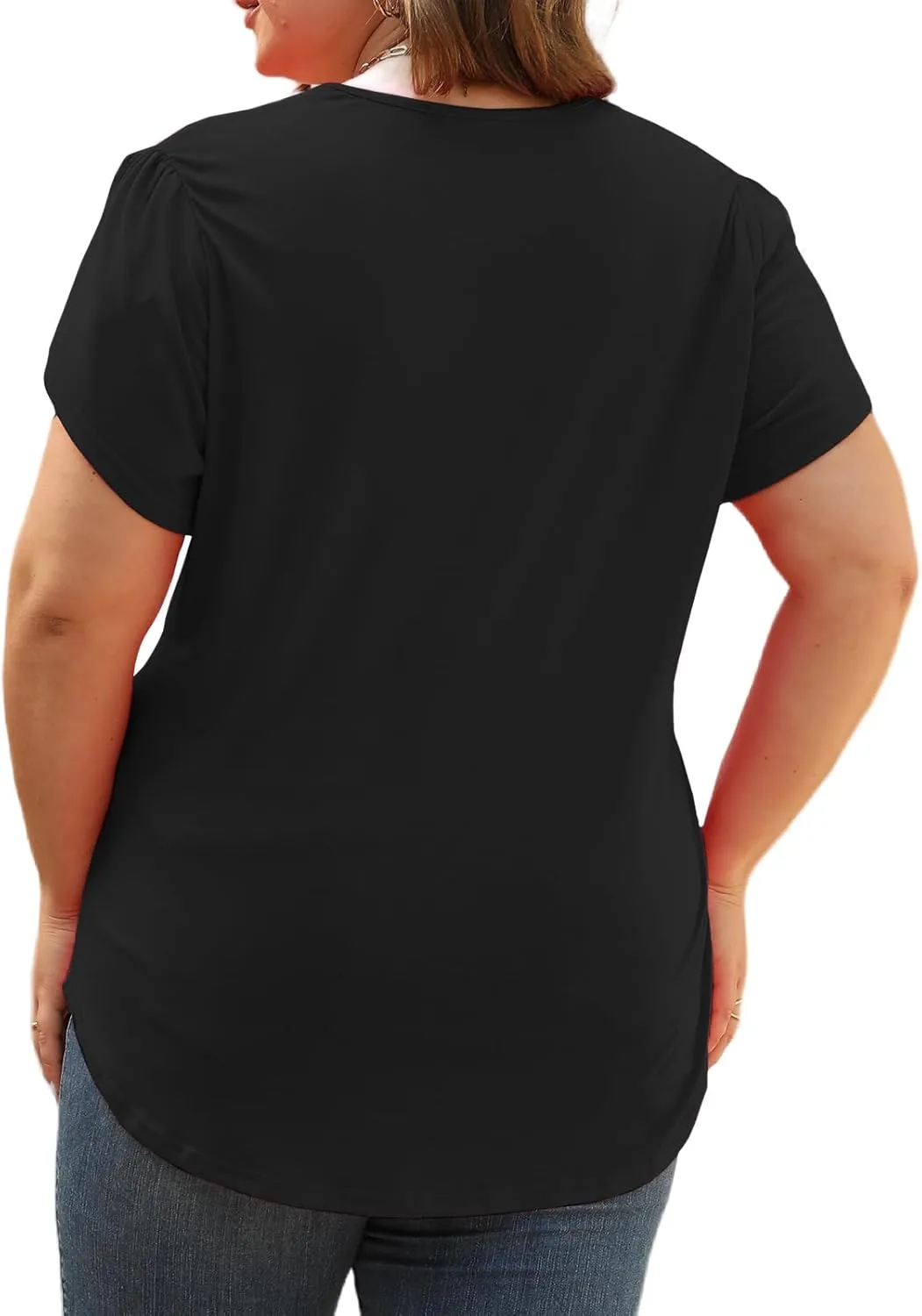 Plus-Size-Womens-Summer-Tops 2024 Lace Trim V Neck T Shirts Petal Short Sleeve Tunics Trendy Going Out Blouses XL-5XL