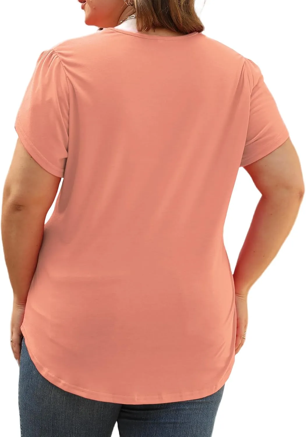 Plus-Size-Womens-Summer-Tops 2024 Lace Trim V Neck T Shirts Petal Short Sleeve Tunics Trendy Going Out Blouses XL-5XL
