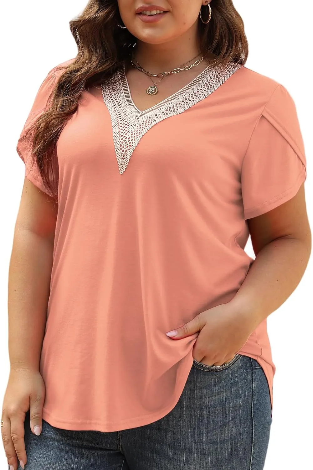 Plus-Size-Womens-Summer-Tops 2024 Lace Trim V Neck T Shirts Petal Short Sleeve Tunics Trendy Going Out Blouses XL-5XL