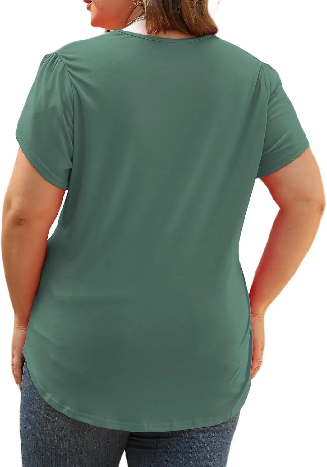 Plus-Size-Womens-Summer-Tops 2024 Lace Trim V Neck T Shirts Petal Short Sleeve Tunics Trendy Going Out Blouses XL-5XL