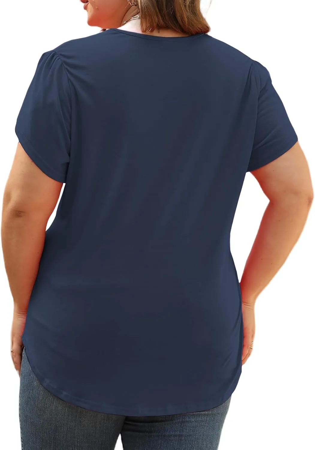 Plus-Size-Womens-Summer-Tops 2024 Lace Trim V Neck T Shirts Petal Short Sleeve Tunics Trendy Going Out Blouses XL-5XL