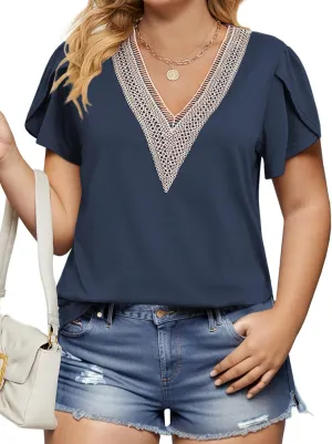 Plus-Size-Womens-Summer-Tops 2024 Lace Trim V Neck T Shirts Petal Short Sleeve Tunics Trendy Going Out Blouses XL-5XL