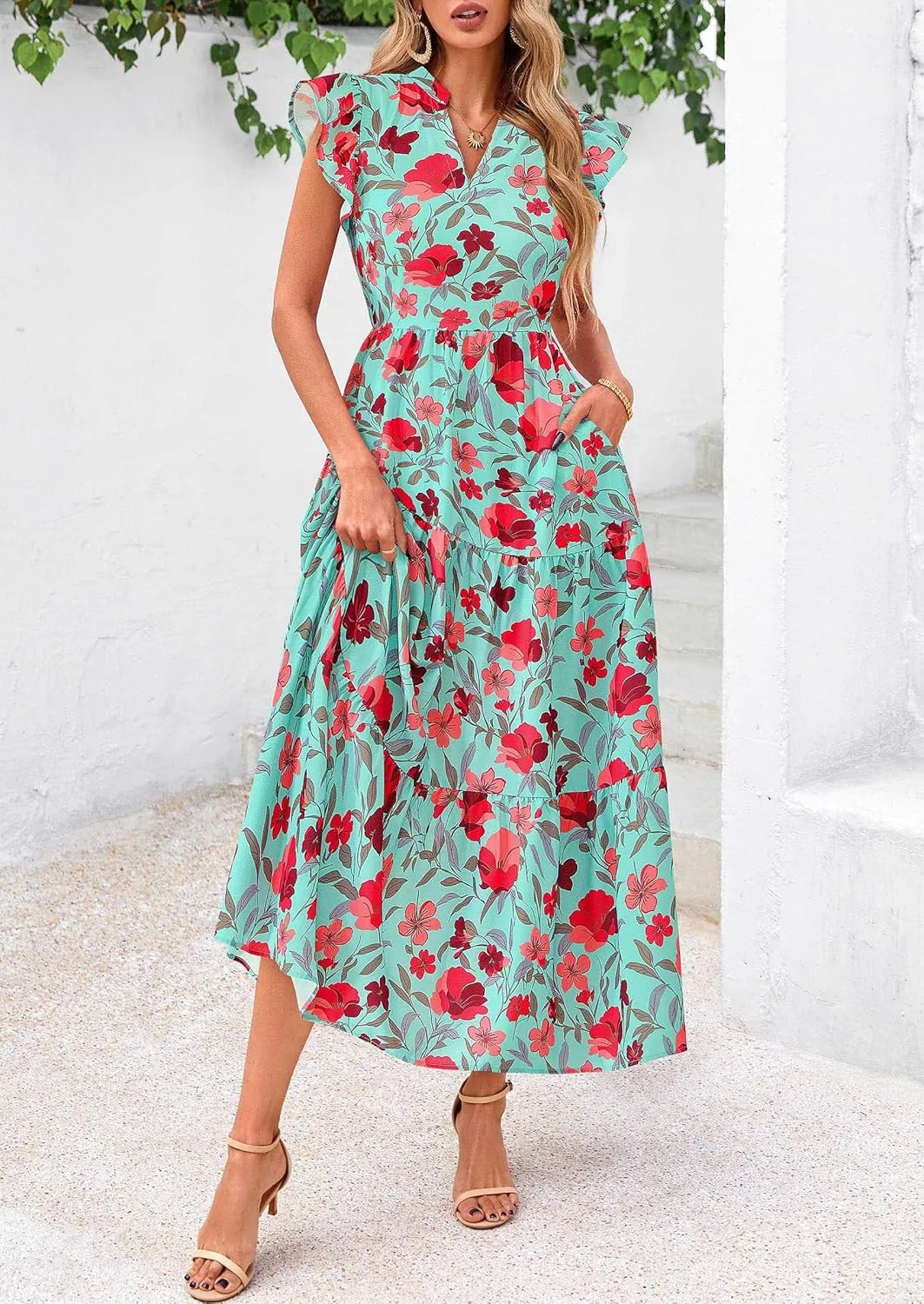 PRETTYGARDEN Women's 2025 Summer Floral Midi Dress Cap Sleeve V Neck Ruffle Long Flowy Boho Casual Beach Vacation Dresses