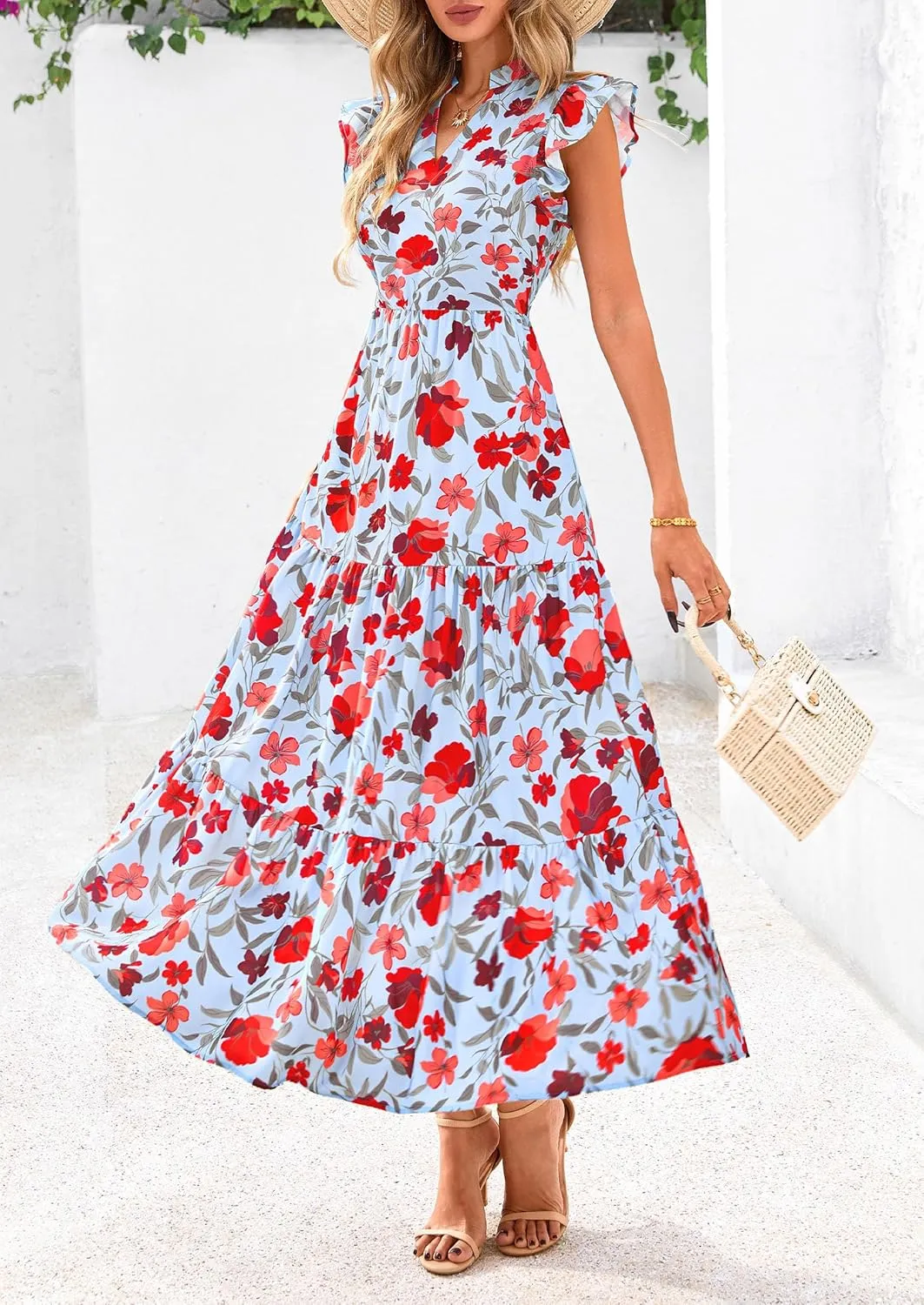 PRETTYGARDEN Women's 2025 Summer Floral Midi Dress Cap Sleeve V Neck Ruffle Long Flowy Boho Casual Beach Vacation Dresses