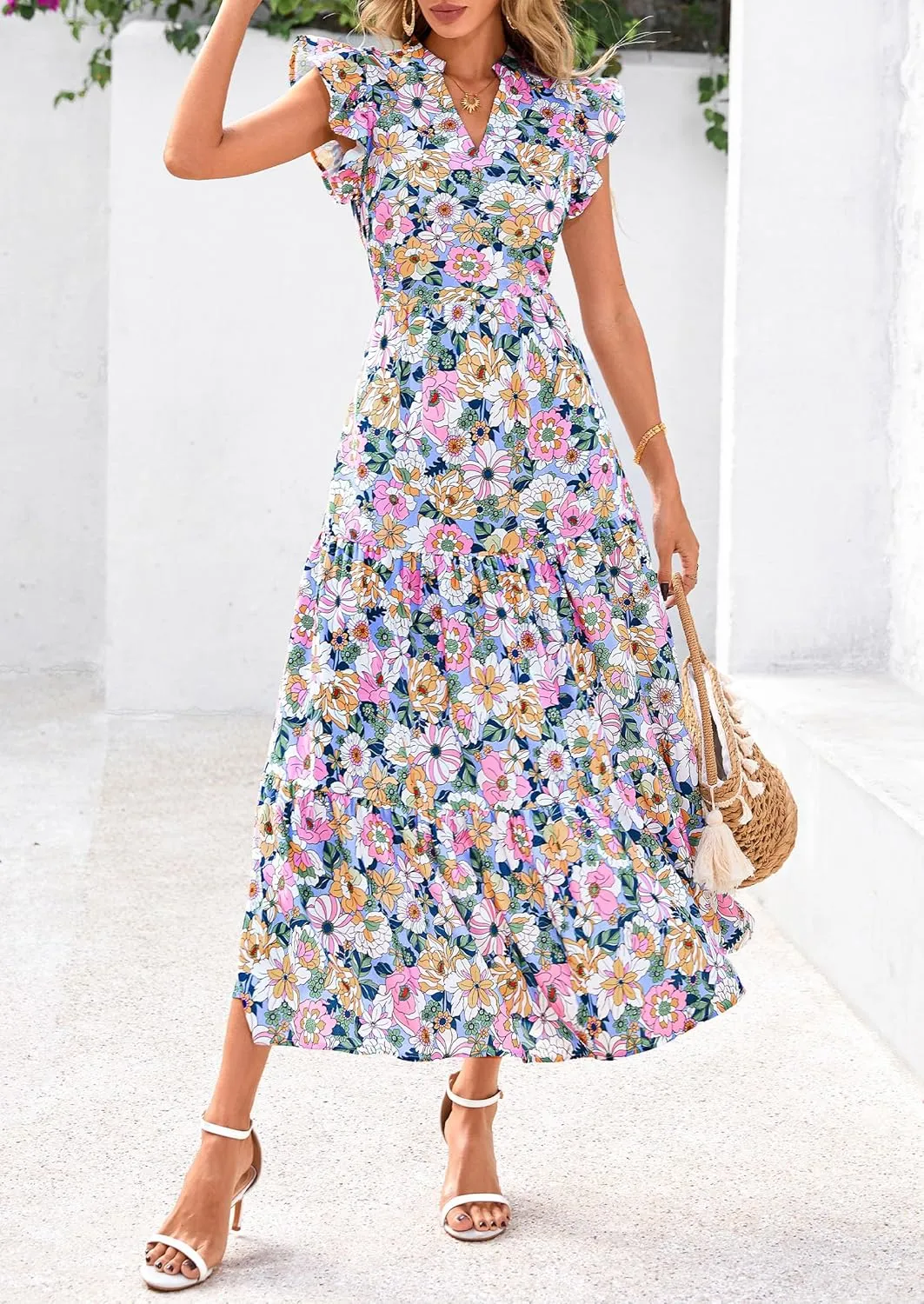 PRETTYGARDEN Women's 2025 Summer Floral Midi Dress Cap Sleeve V Neck Ruffle Long Flowy Boho Casual Beach Vacation Dresses