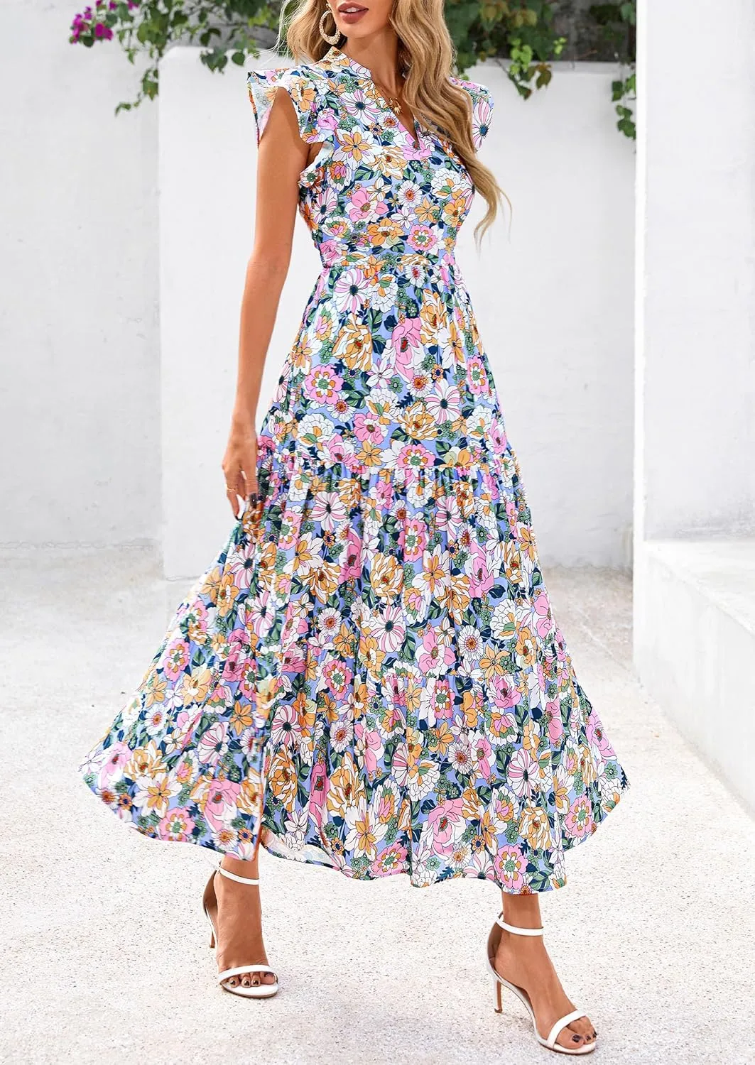 PRETTYGARDEN Women's 2025 Summer Floral Midi Dress Cap Sleeve V Neck Ruffle Long Flowy Boho Casual Beach Vacation Dresses