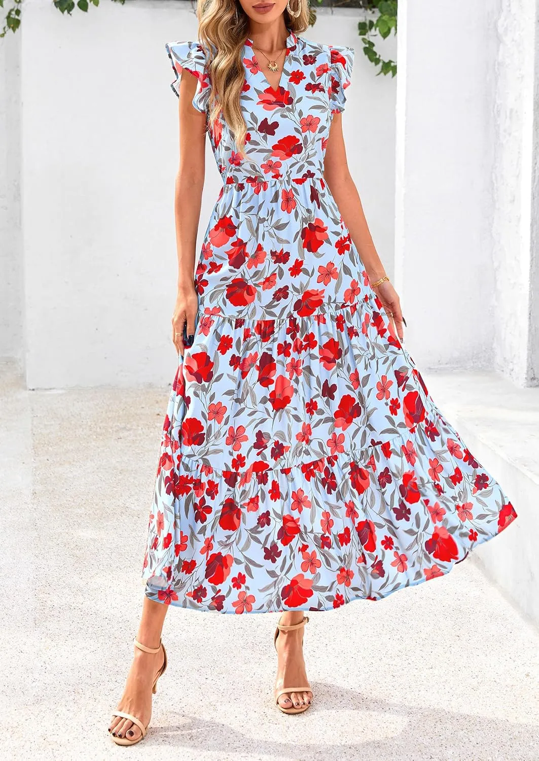 PRETTYGARDEN Women's 2025 Summer Floral Midi Dress Cap Sleeve V Neck Ruffle Long Flowy Boho Casual Beach Vacation Dresses