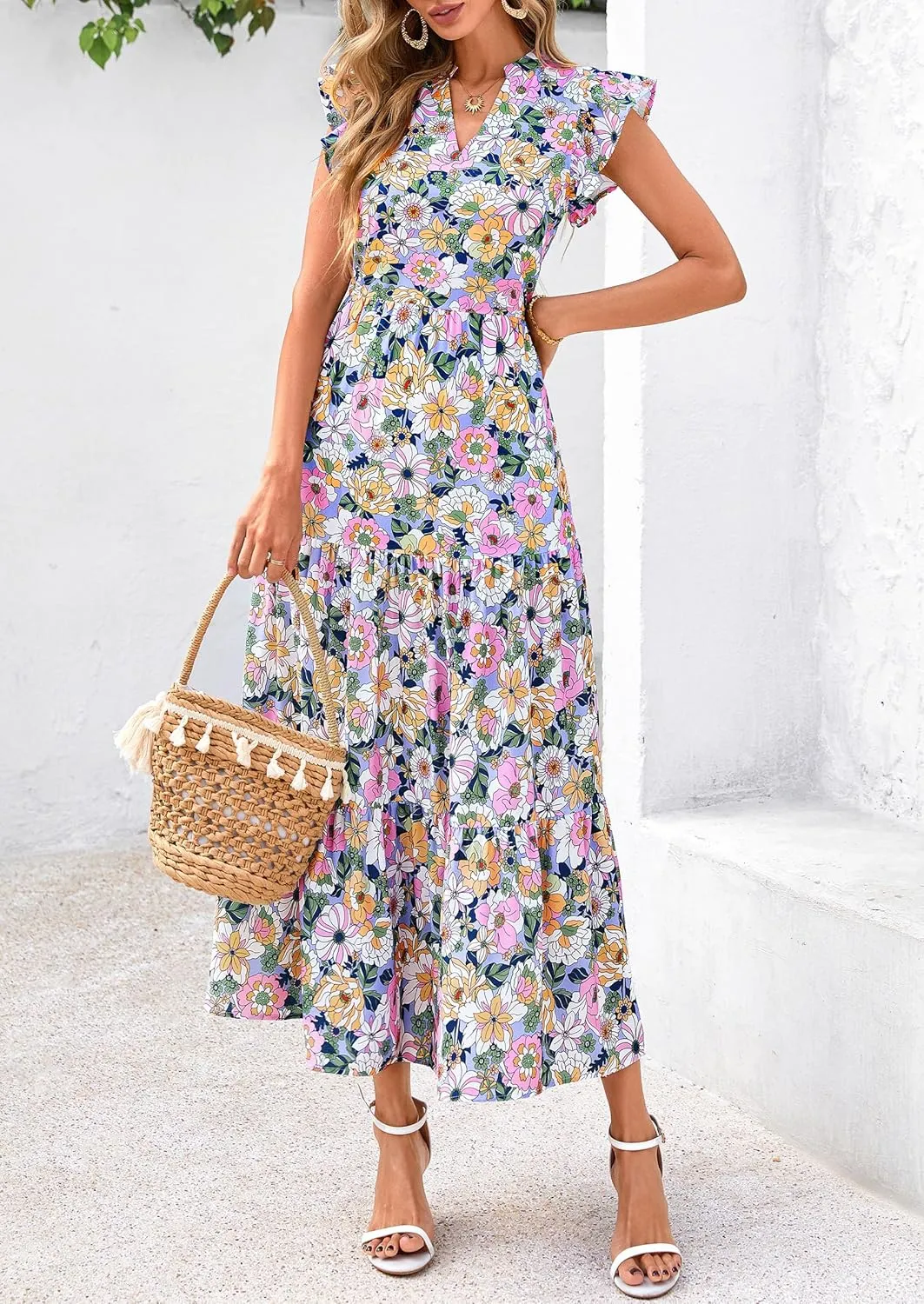 PRETTYGARDEN Women's 2025 Summer Floral Midi Dress Cap Sleeve V Neck Ruffle Long Flowy Boho Casual Beach Vacation Dresses