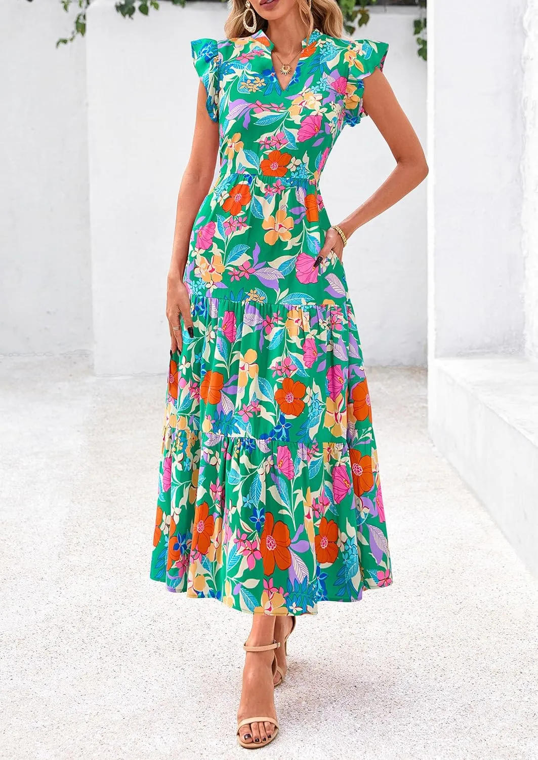PRETTYGARDEN Women's 2025 Summer Floral Midi Dress Cap Sleeve V Neck Ruffle Long Flowy Boho Casual Beach Vacation Dresses