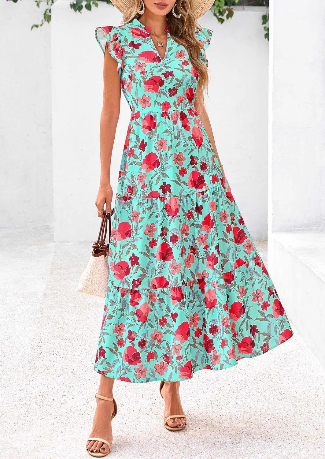 PRETTYGARDEN Women's 2025 Summer Floral Midi Dress Cap Sleeve V Neck Ruffle Long Flowy Boho Casual Beach Vacation Dresses