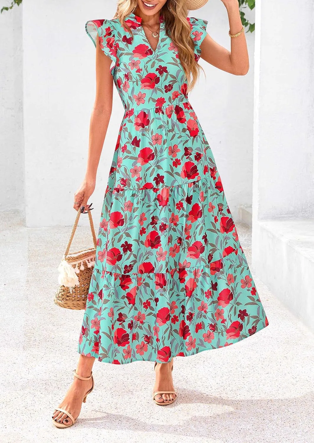 PRETTYGARDEN Women's 2025 Summer Floral Midi Dress Cap Sleeve V Neck Ruffle Long Flowy Boho Casual Beach Vacation Dresses