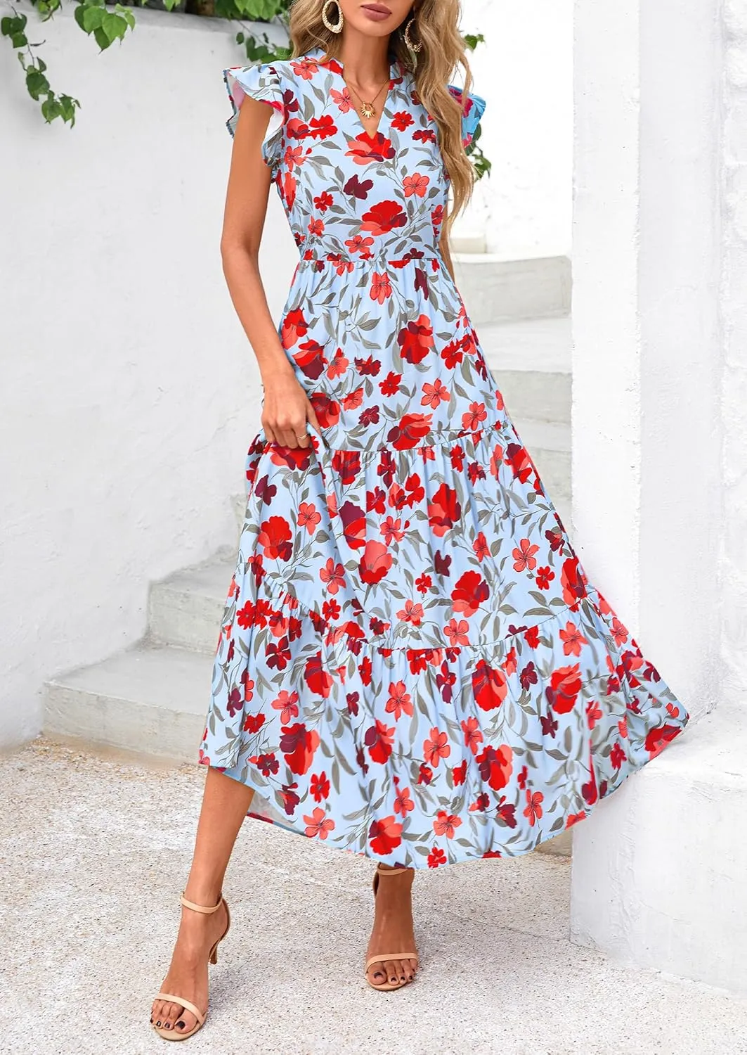 PRETTYGARDEN Women's 2025 Summer Floral Midi Dress Cap Sleeve V Neck Ruffle Long Flowy Boho Casual Beach Vacation Dresses