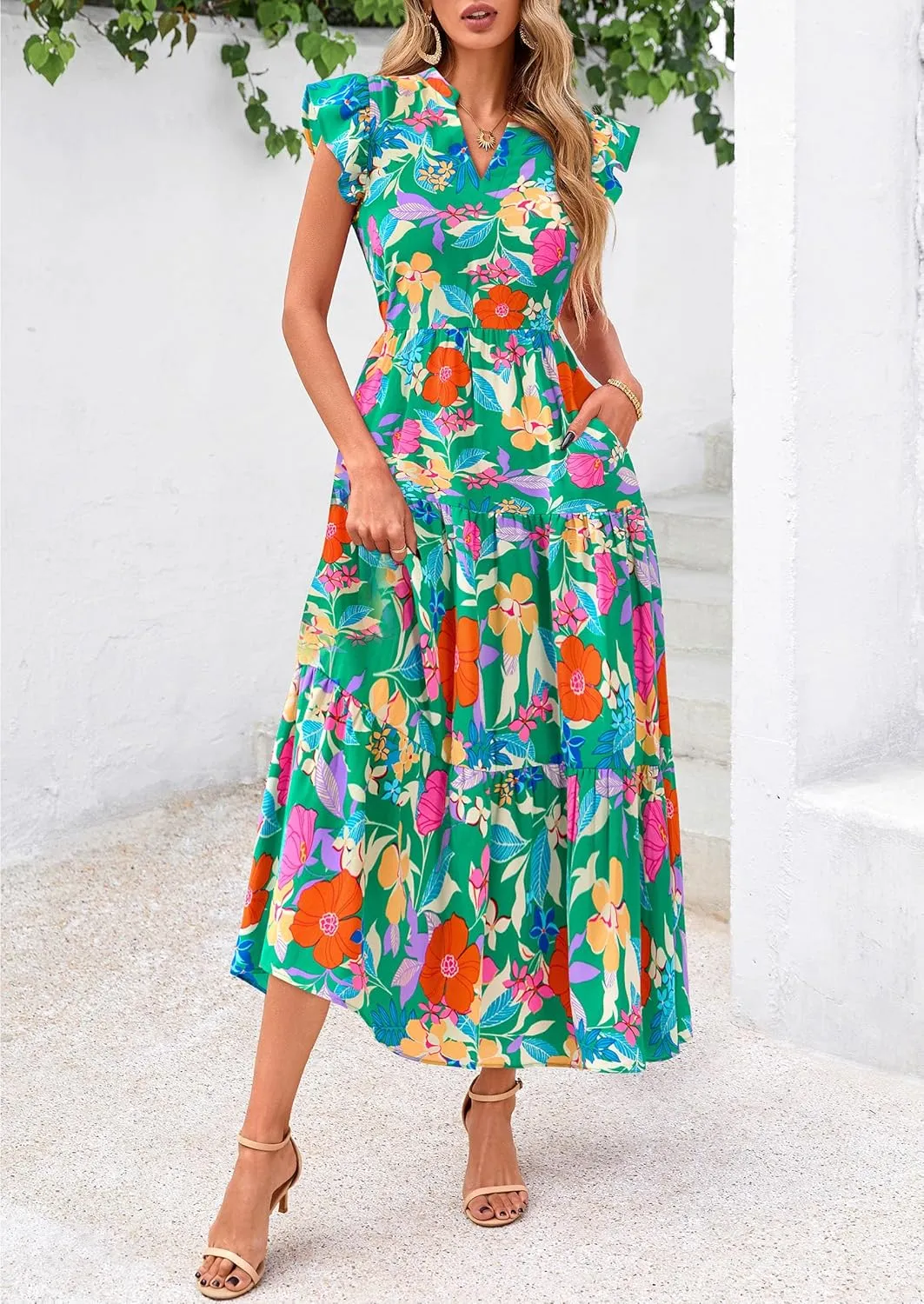 PRETTYGARDEN Women's 2025 Summer Floral Midi Dress Cap Sleeve V Neck Ruffle Long Flowy Boho Casual Beach Vacation Dresses