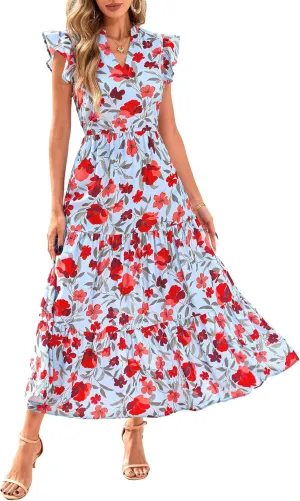 PRETTYGARDEN Women's 2025 Summer Floral Midi Dress Cap Sleeve V Neck Ruffle Long Flowy Boho Casual Beach Vacation Dresses