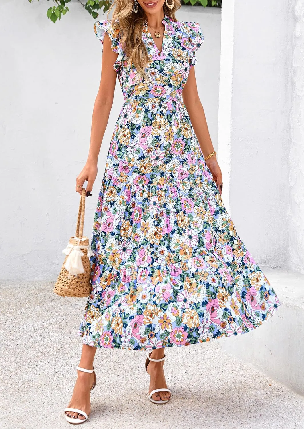 PRETTYGARDEN Women's 2025 Summer Floral Midi Dress Cap Sleeve V Neck Ruffle Long Flowy Boho Casual Beach Vacation Dresses
