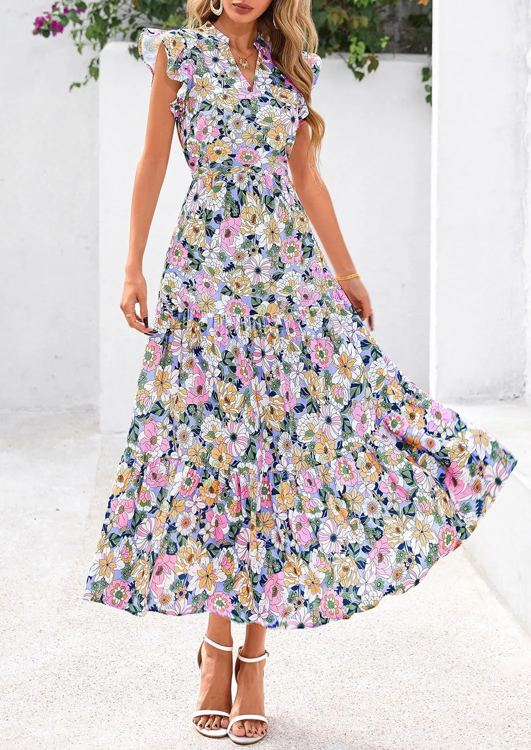 PRETTYGARDEN Women's 2025 Summer Floral Midi Dress Cap Sleeve V Neck Ruffle Long Flowy Boho Casual Beach Vacation Dresses