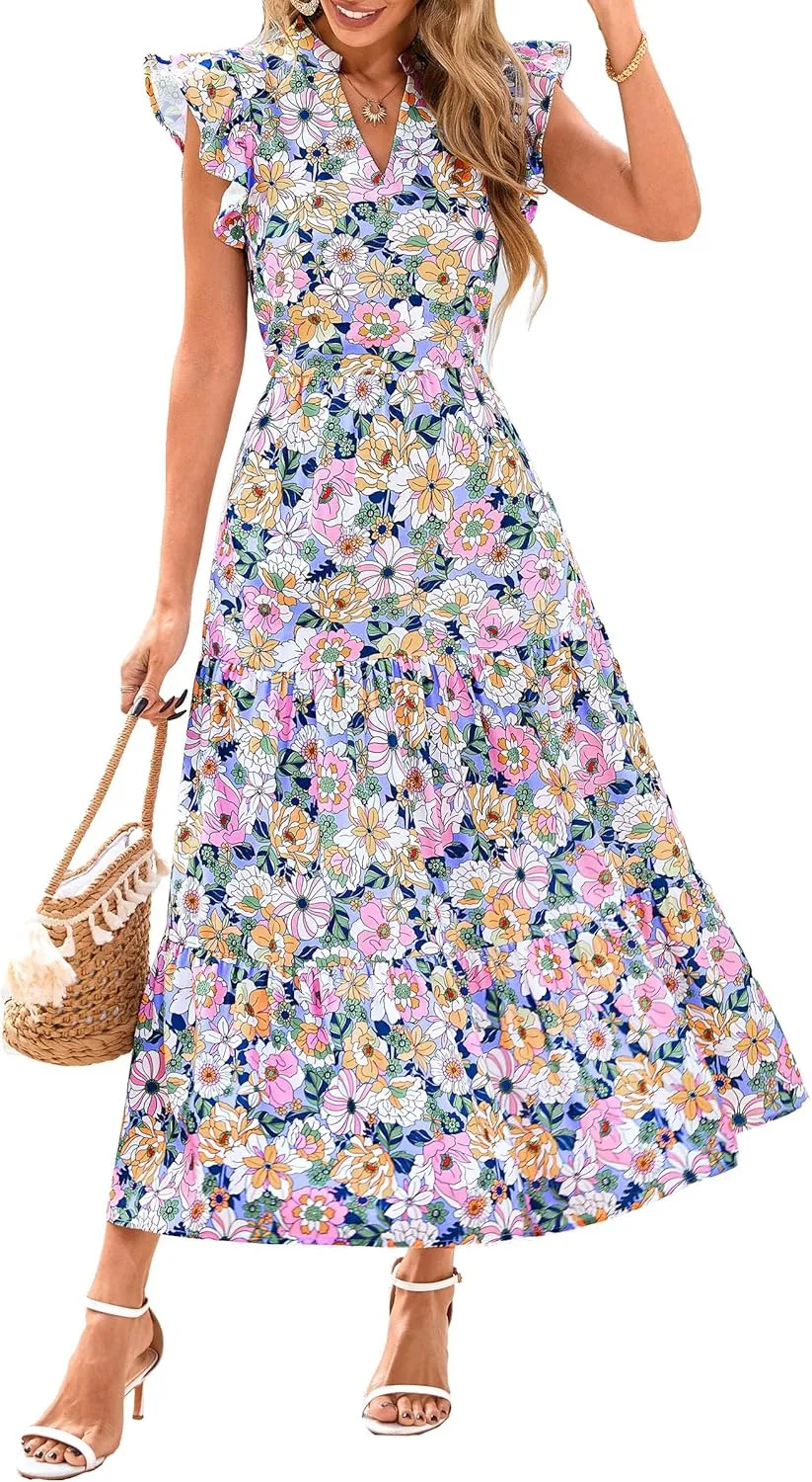 PRETTYGARDEN Women's 2025 Summer Floral Midi Dress Cap Sleeve V Neck Ruffle Long Flowy Boho Casual Beach Vacation Dresses