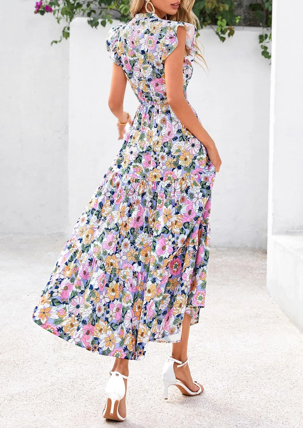 PRETTYGARDEN Women's 2025 Summer Floral Midi Dress Cap Sleeve V Neck Ruffle Long Flowy Boho Casual Beach Vacation Dresses