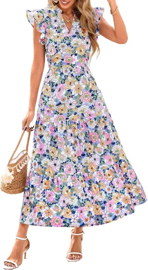 PRETTYGARDEN Women's 2025 Summer Floral Midi Dress Cap Sleeve V Neck Ruffle Long Flowy Boho Casual Beach Vacation Dresses