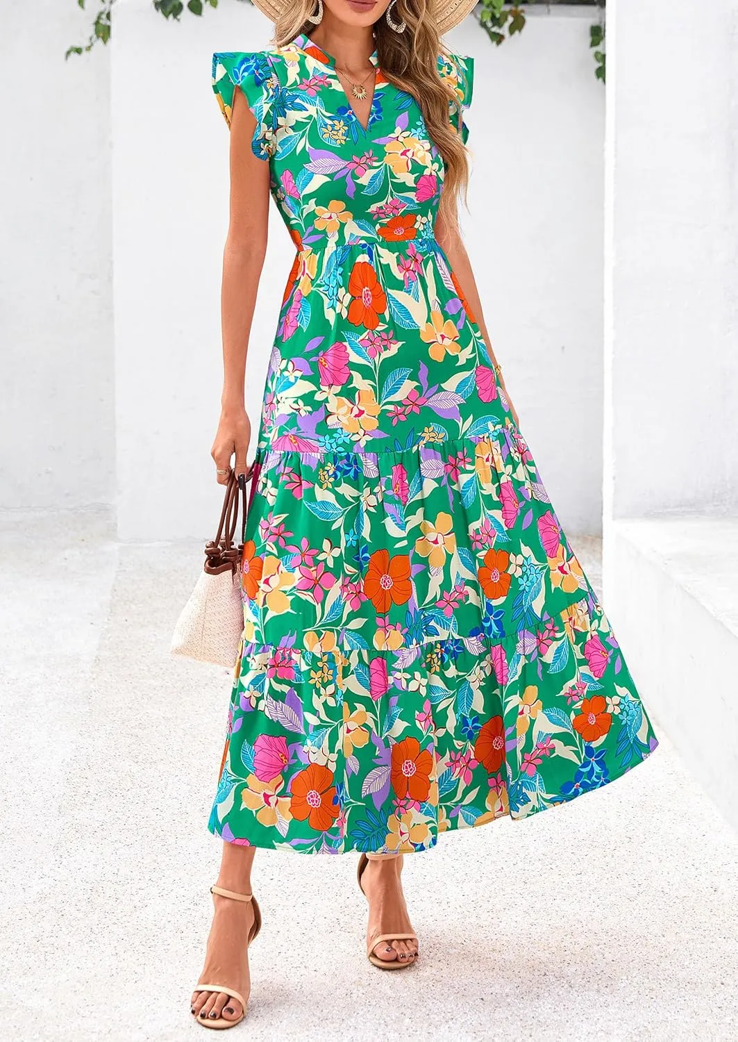 PRETTYGARDEN Women's 2025 Summer Floral Midi Dress Cap Sleeve V Neck Ruffle Long Flowy Boho Casual Beach Vacation Dresses